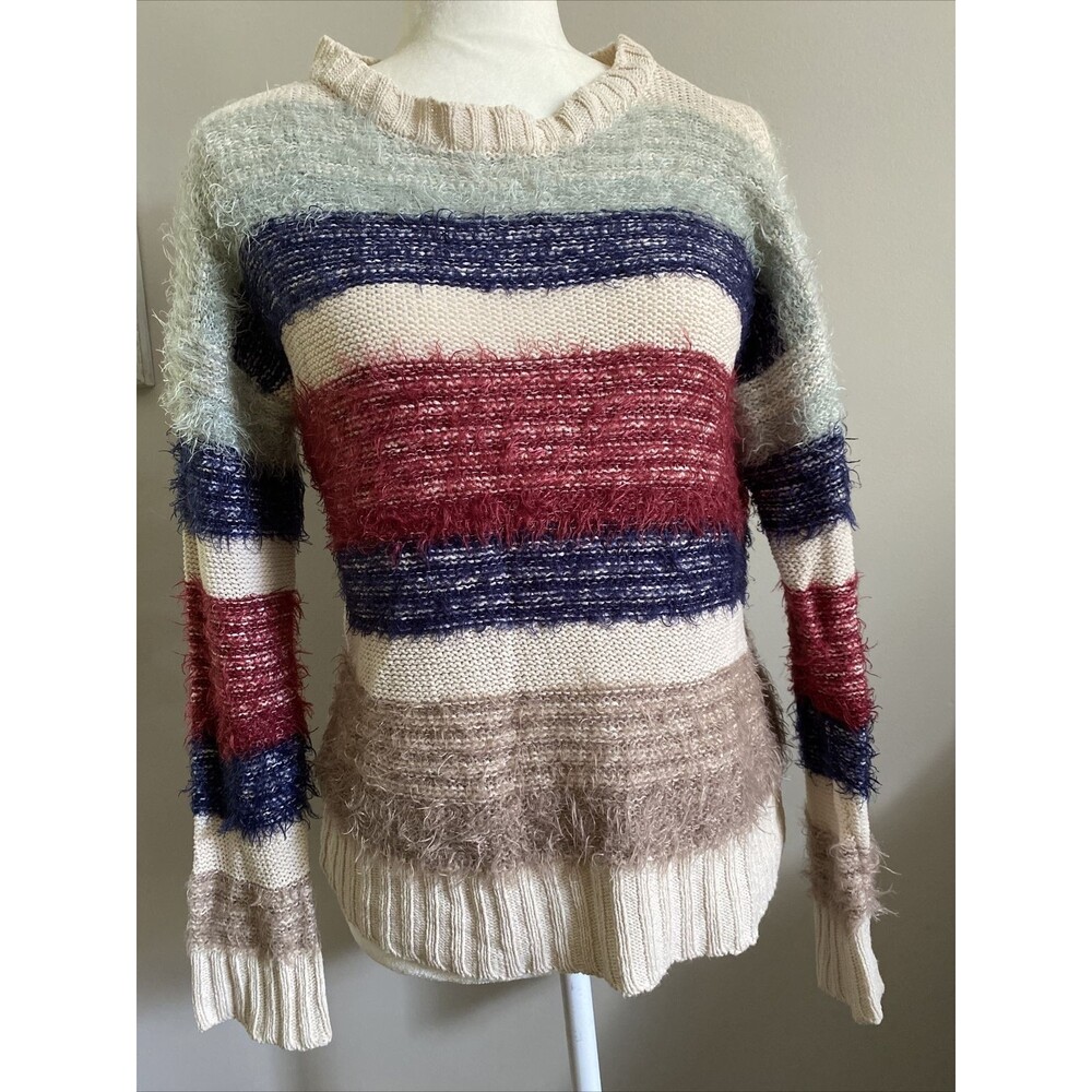 Women Sweater S Cotton Blend Fuzzy Stripes Colorful Pullover